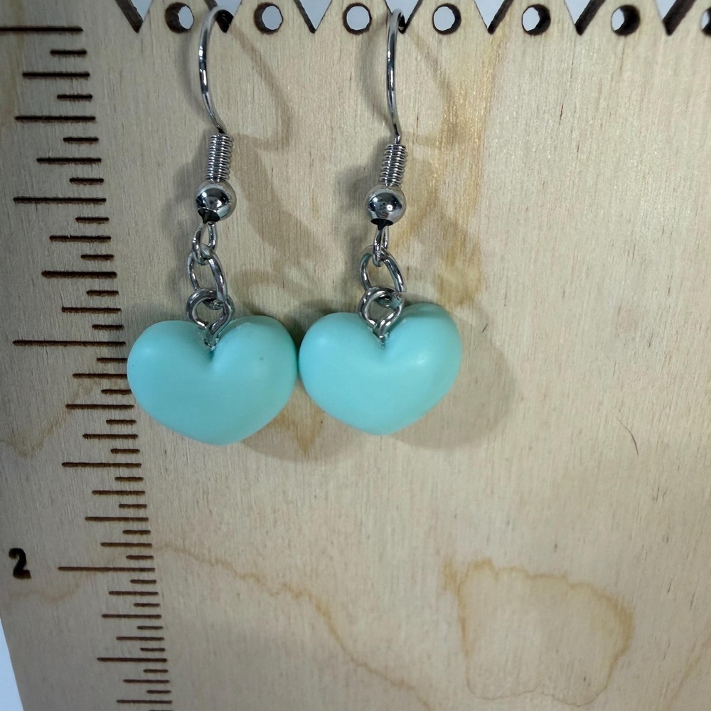 Hand Assembled Mint  Chunky Heart Dangle Earrings - Picture 2 of 3